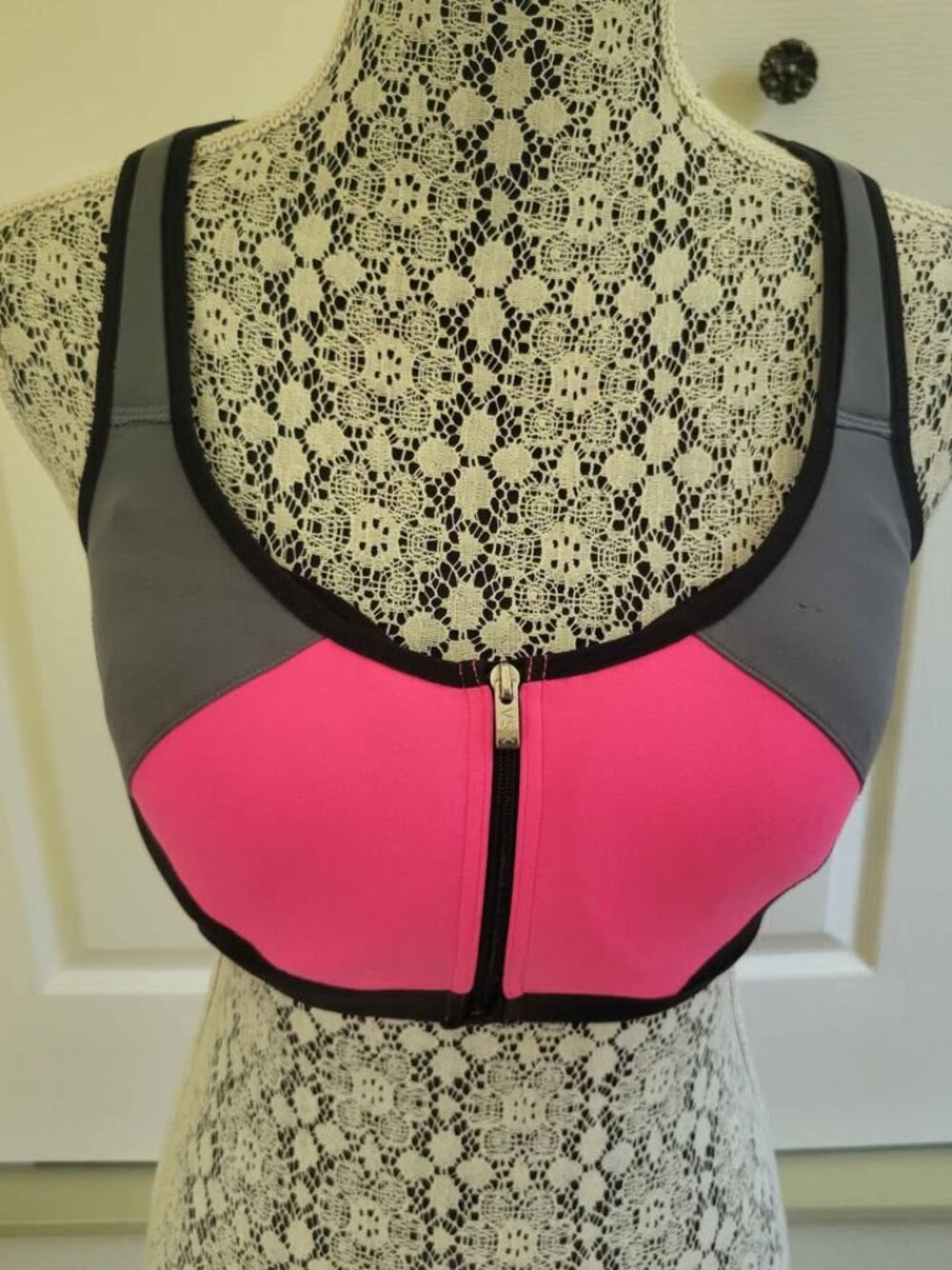 Victoria's Secret VSX Front-Zip Sports Bra In Hot Pink, Gray And Black Colorway